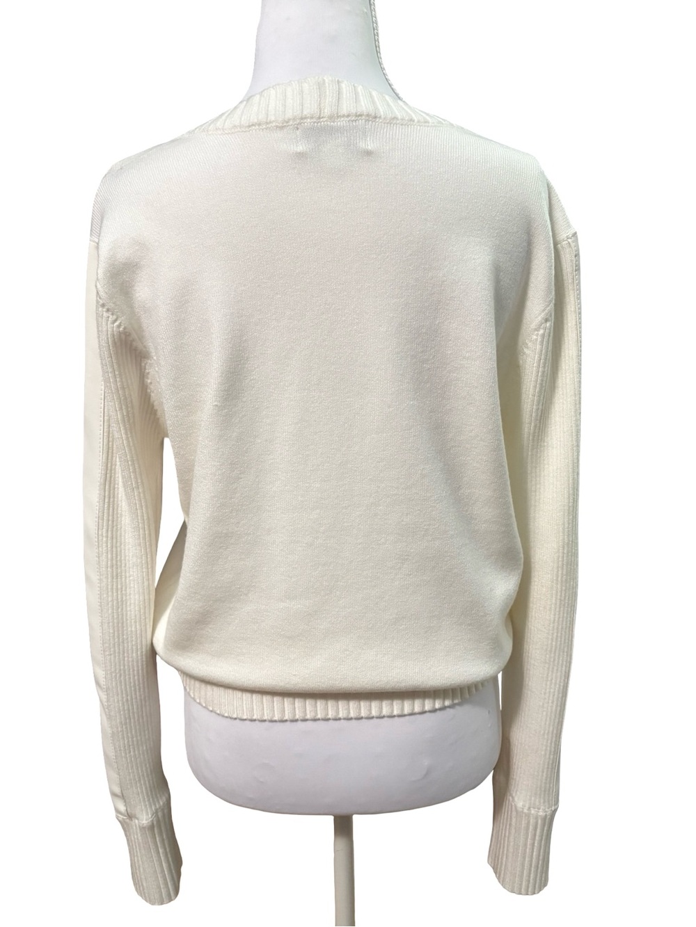 Evereve Cream Crewneck Rib Knit Sweater with Leather down the sleeves. - Picture 3 of 7